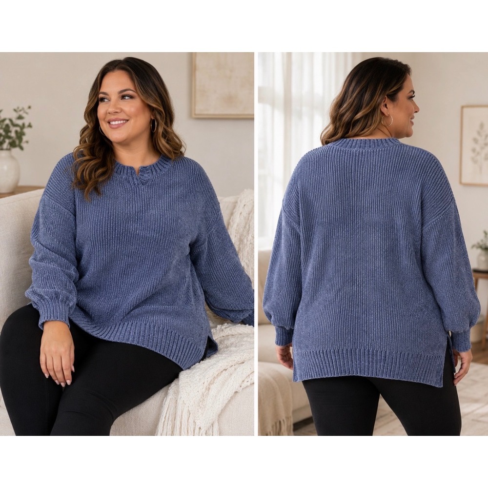 Arula Blue Chenille Ribbed Knit Sweater Oversized Lantern Sleeve soft Size A
